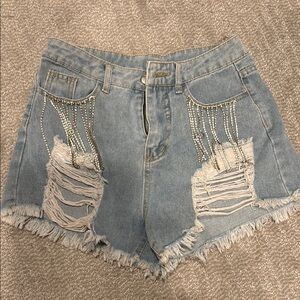 Rhinestone tassel Ripped stretchy jean shorts & let’s go girls Tshirt